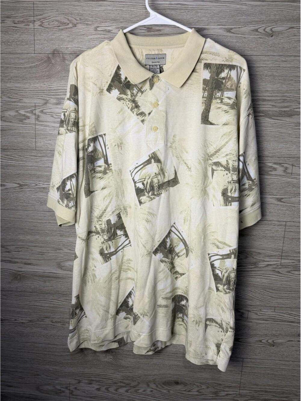 Cutter & Buck Quick Dry Tropical Photo Print Polo Shirt Men’s XL XLT Beige